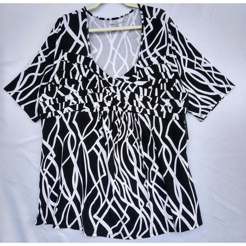 NWT Jessica London Black White Abstract V-neck top 22/24 Artsy Boho Retro 90's